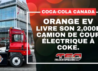 Orange EV livre son 2 000e camion de cour électrique (shunter) à Coke Canada Bottling Camion de cour électrique Orange EV devant un bâtiment Coca-Cola, avec le texte : « Coca-Cola Canada — Orange EV livre son 2,000e camion de cour électrique à Coke. »