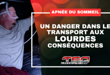 Apnée du sommeil au volant : un danger dans le transport aux lourdes conséquences Camionneur portant un appareil CPAP dans la couchette de son camion, avec un visuel sur l’apnée du sommeil et les risques en transport routier.