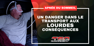 Apnée du sommeil au volant : un danger dans le transport aux lourdes conséquences Camionneur portant un appareil CPAP dans la couchette de son camion, avec un visuel sur l’apnée du sommeil et les risques en transport routier.