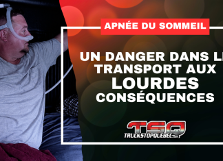 Apnée du sommeil au volant : un danger dans le transport aux lourdes conséquences Camionneur portant un appareil CPAP dans la couchette de son camion, avec un visuel sur l’apnée du sommeil et les risques en transport routier.