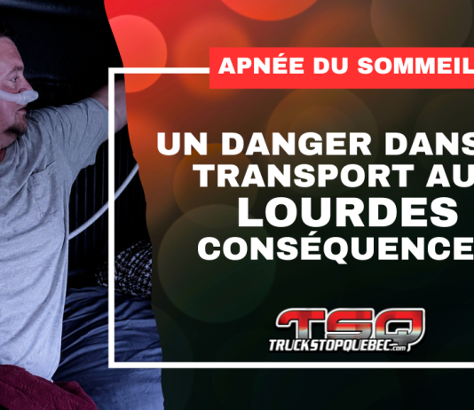 Apnée du sommeil au volant : un danger dans le transport aux lourdes conséquences Camionneur portant un appareil CPAP dans la couchette de son camion, avec un visuel sur l’apnée du sommeil et les risques en transport routier.