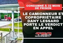 Condamné à 32 mois de prison, le camionneur Dany Lessard porte le verdict en appel Capture d'écran d'une vidéo de la collision entre le camion et la voiture, et le texte : Condamné à 32 mois de prison, le camionneur Dany Lessard porte le verdict en appel.