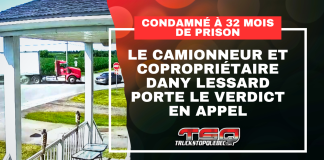 Condamné à 32 mois de prison, le camionneur Dany Lessard porte le verdict en appel Capture d'écran d'une vidéo de la collision entre le camion et la voiture, et le texte : Condamné à 32 mois de prison, le camionneur Dany Lessard porte le verdict en appel.