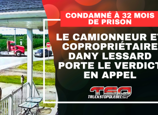 Condamné à 32 mois de prison, le camionneur Dany Lessard porte le verdict en appel Capture d'écran d'une vidéo de la collision entre le camion et la voiture, et le texte : Condamné à 32 mois de prison, le camionneur Dany Lessard porte le verdict en appel.