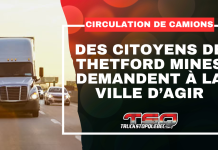 Camions : Des citoyens de Thetford Mines demandent à la Ville d’agir Des citoyens de Thetford Mines demandent à la Ville d’agir face à la circulation importante de camions dans certains secteurs résidentiels. Graphique incluant une image de camion et le titre du texte.