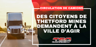 Camions : Des citoyens de Thetford Mines demandent à la Ville d’agir Des citoyens de Thetford Mines demandent à la Ville d’agir face à la circulation importante de camions dans certains secteurs résidentiels. Graphique incluant une image de camion et le titre du texte.