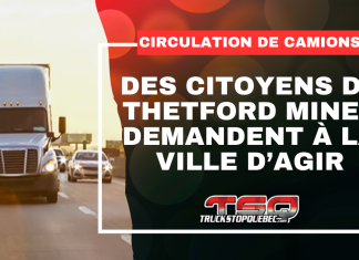 Camions : Des citoyens de Thetford Mines demandent à la Ville d’agir Des citoyens de Thetford Mines demandent à la Ville d’agir face à la circulation importante de camions dans certains secteurs résidentiels. Graphique incluant une image de camion et le titre du texte.