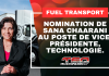 Fuel Transport nomme Sana Chaarani vice-présidente, Technologie Sana Chaarani devant des camions Fuel Transport, annonçant sa nomination au poste de vice-présidente, Technologie.
