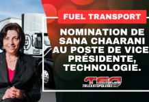 Fuel Transport nomme Sana Chaarani vice-présidente, Technologie Sana Chaarani devant des camions Fuel Transport, annonçant sa nomination au poste de vice-présidente, Technologie.