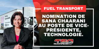 Fuel Transport nomme Sana Chaarani vice-présidente, Technologie Sana Chaarani devant des camions Fuel Transport, annonçant sa nomination au poste de vice-présidente, Technologie.