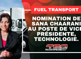 Fuel Transport nomme Sana Chaarani vice-présidente, Technologie Sana Chaarani devant des camions Fuel Transport, annonçant sa nomination au poste de vice-présidente, Technologie.