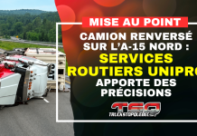 Camion renversé sur l’A-15 Nord : Services Routiers Unipro fait le point Camion de 53 pieds renversé sur l’autoroute 15 Nord près de Saint-Jérôme, avec intervention des services d’urgence et fermeture de voies.