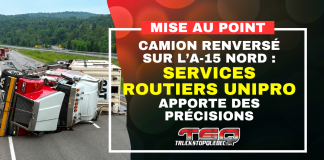 Camion renversé sur l’A-15 Nord : Services Routiers Unipro fait le point Camion de 53 pieds renversé sur l’autoroute 15 Nord près de Saint-Jérôme, avec intervention des services d’urgence et fermeture de voies.