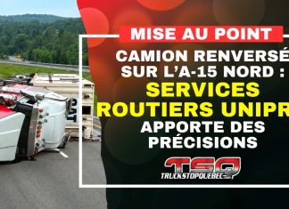 Camion renversé sur l’A-15 Nord : Services Routiers Unipro fait le point Camion de 53 pieds renversé sur l’autoroute 15 Nord près de Saint-Jérôme, avec intervention des services d’urgence et fermeture de voies.