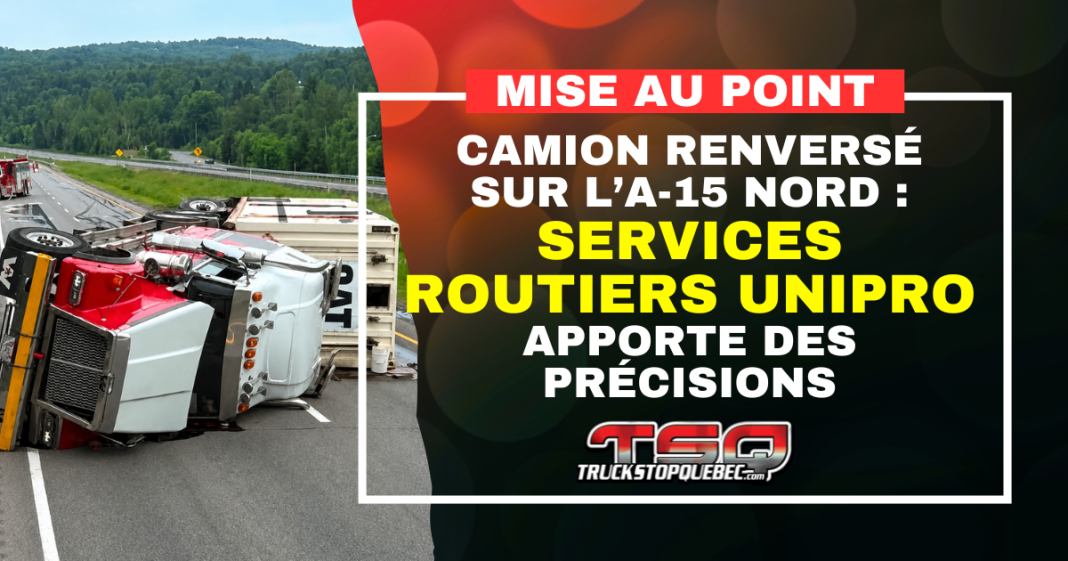 Camion de 53 pieds renversé sur l’autoroute 15 Nord près de Saint-Jérôme, avec intervention des services d’urgence et fermeture de voies.