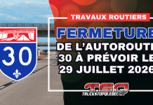Fermeture de l’autoroute 30 à prévoir le 29 juillet 2026 Circulation routière sur l’autoroute 30 à Bécancour, où une fermeture est prévue le 29 juillet pour installer des panneaux avec feux clignotants près du chemin de fer.