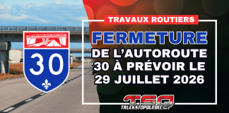 Fermeture de l’autoroute 30 à prévoir le 29 juillet 2026 Circulation routière sur l’autoroute 30 à Bécancour, où une fermeture est prévue le 29 juillet pour installer des panneaux avec feux clignotants près du chemin de fer.