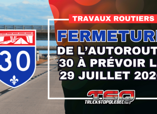 Fermeture de l’autoroute 30 à prévoir le 29 juillet 2026 Circulation routière sur l’autoroute 30 à Bécancour, où une fermeture est prévue le 29 juillet pour installer des panneaux avec feux clignotants près du chemin de fer.