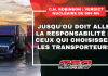 Verdict nucléaire de 604 M$ : Jusqu’où doit aller la responsabilité de ceux qui choisissent les transporteurs? Camions semi-remorques stationnés avec le titre sur la responsabilité de ceux qui choisissent les transporteurs après le verdict nucléaire de 604 M$ contre C.H. Robinson.