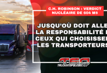 Verdict nucléaire de 604 M$ : Jusqu’où doit aller la responsabilité de ceux qui choisissent les transporteurs? Camions semi-remorques stationnés avec le titre sur la responsabilité de ceux qui choisissent les transporteurs après le verdict nucléaire de 604 M$ contre C.H. Robinson.