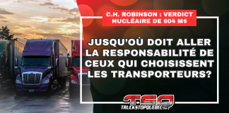 Verdict nucléaire de 604 M$ : Jusqu’où doit aller la responsabilité de ceux qui choisissent les transporteurs? Camions semi-remorques stationnés avec le titre sur la responsabilité de ceux qui choisissent les transporteurs après le verdict nucléaire de 604 M$ contre C.H. Robinson.