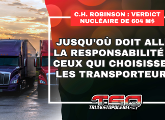 Verdict nucléaire de 604 M$ : Jusqu’où doit aller la responsabilité de ceux qui choisissent les transporteurs? Camions semi-remorques stationnés avec le titre sur la responsabilité de ceux qui choisissent les transporteurs après le verdict nucléaire de 604 M$ contre C.H. Robinson.