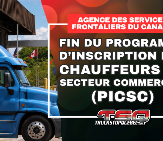 L’ASFC mettra fin au Programme d’inscription des chauffeurs du secteur commercial (PICSC) Camion commercial à un poste frontalier entre le Canada et les États-Unis, alors que l’ASFC annonce la fin du Programme d’inscription des chauffeurs du secteur commercial (PICSC).