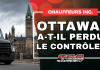 Chauffeurs inc. : Ottawa a-t-il perdu le contrôle? Qui tient vraiment le volant dans ce dossier? Camion semi-remorque noir devant le Parlement du Canada à Ottawa, accompagné du titre « Chauffeurs inc. : Ottawa a-t-il perdu le contrôle? », illustrant les préoccupations entourant la gestion fédérale du dossier des chauffeurs inc.