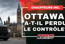 Chauffeurs inc. : Ottawa a-t-il perdu le contrôle? Qui tient vraiment le volant dans ce dossier? Camion semi-remorque noir devant le Parlement du Canada à Ottawa, accompagné du titre « Chauffeurs inc. : Ottawa a-t-il perdu le contrôle? », illustrant les préoccupations entourant la gestion fédérale du dossier des chauffeurs inc.