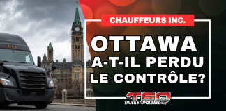 Chauffeurs inc. : Ottawa a-t-il perdu le contrôle? Qui tient vraiment le volant dans ce dossier? Camion semi-remorque noir devant le Parlement du Canada à Ottawa, accompagné du titre « Chauffeurs inc. : Ottawa a-t-il perdu le contrôle? », illustrant les préoccupations entourant la gestion fédérale du dossier des chauffeurs inc.