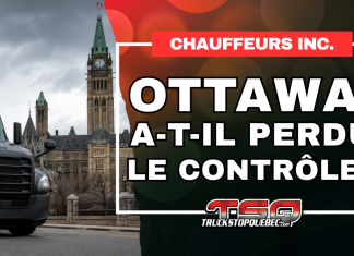 Chauffeurs inc. : Ottawa a-t-il perdu le contrôle? Qui tient vraiment le volant dans ce dossier? Camion semi-remorque noir devant le Parlement du Canada à Ottawa, accompagné du titre « Chauffeurs inc. : Ottawa a-t-il perdu le contrôle? », illustrant les préoccupations entourant la gestion fédérale du dossier des chauffeurs inc.