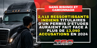 Le gang Bishnoi aurait des liens avec le camionnage canadien, selon l’ASFC Étudiant vu de dos devant un camion, avec le texte : 2 418 ressortissants indiens titulaires d’un permis d’études auraient fait face à plus de 13 040 accusations en 2024. Gang Bishnoi et camionnage.
