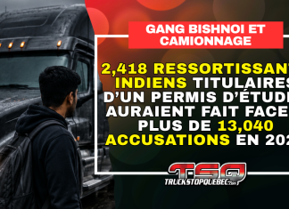Le gang Bishnoi aurait des liens avec le camionnage canadien, selon l’ASFC Étudiant vu de dos devant un camion, avec le texte : 2 418 ressortissants indiens titulaires d’un permis d’études auraient fait face à plus de 13 040 accusations en 2024. Gang Bishnoi et camionnage.