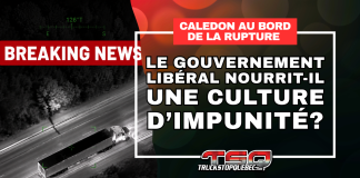 Chauffeurs inc., cours illégales, fusillades et crime organisé : Caledon sonne l’alarme pour tout le Canada Visuel sur le camionnage à Caledon montrant un camion lourd suivi depuis les airs, avec la mention « Breaking News » et la question « Le gouvernement libéral nourrit-il une culture d’impunité? ». L’image illustre les enjeux liés aux Chauffeurs inc., aux cours de camionnage illégales et à la sécurité dans la région de Caledon.