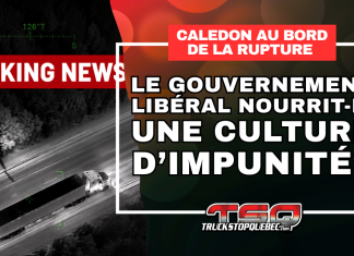 Chauffeurs inc., cours illégales, fusillades et crime organisé : Caledon sonne l’alarme pour tout le Canada Visuel sur le camionnage à Caledon montrant un camion lourd suivi depuis les airs, avec la mention « Breaking News » et la question « Le gouvernement libéral nourrit-il une culture d’impunité? ». L’image illustre les enjeux liés aux Chauffeurs inc., aux cours de camionnage illégales et à la sécurité dans la région de Caledon.