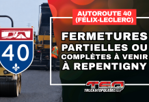 Autoroute 40 (Félix-Leclerc) : fermetures partielles ou complètes à venir à Repentigny Travaux d’asphaltage sur l’autoroute 40 à Repentigny, avec un rouleau compresseur et des travailleurs routiers. Le visuel annonce des fermetures partielles ou complètes à venir sur l’autoroute Félix-Leclerc.