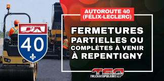 Autoroute 40 (Félix-Leclerc) : fermetures partielles ou complètes à venir à Repentigny Travaux d’asphaltage sur l’autoroute 40 à Repentigny, avec un rouleau compresseur et des travailleurs routiers. Le visuel annonce des fermetures partielles ou complètes à venir sur l’autoroute Félix-Leclerc.