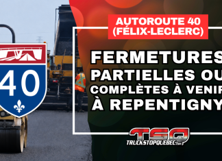 Autoroute 40 (Félix-Leclerc) : fermetures partielles ou complètes à venir à Repentigny Travaux d’asphaltage sur l’autoroute 40 à Repentigny, avec un rouleau compresseur et des travailleurs routiers. Le visuel annonce des fermetures partielles ou complètes à venir sur l’autoroute Félix-Leclerc.