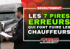 Recrutement des chauffeurs : 7 erreurs qui font fuire les candidats Visuel sur le recrutement de chauffeurs montrant un conducteur et un recruteur devant un camion semi-remorque, avec le titre « Les 7 pires erreurs qui font fuir les chauffeurs ».