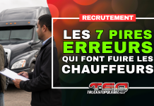 Recrutement des chauffeurs : 7 erreurs qui font fuire les candidats Visuel sur le recrutement de chauffeurs montrant un conducteur et un recruteur devant un camion semi-remorque, avec le titre « Les 7 pires erreurs qui font fuir les chauffeurs ».
