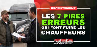 Recrutement des chauffeurs : 7 erreurs qui font fuire les candidats Visuel sur le recrutement de chauffeurs montrant un conducteur et un recruteur devant un camion semi-remorque, avec le titre « Les 7 pires erreurs qui font fuir les chauffeurs ».