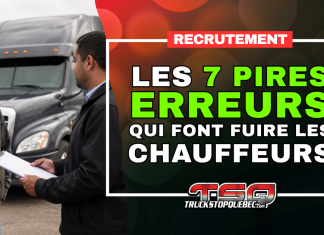 Recrutement des chauffeurs : 7 erreurs qui font fuire les candidats Visuel sur le recrutement de chauffeurs montrant un conducteur et un recruteur devant un camion semi-remorque, avec le titre « Les 7 pires erreurs qui font fuir les chauffeurs ».