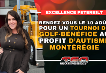 Excellence Peterbilt annonce un tournoi de golf-bénéfice au profit d’Autisme Montérégie Marie-Claude Fortin devant un camion Peterbilt, alors qu’Excellence Peterbilt annonce un tournoi de golf-bénéfice le 10 août au profit d’Autisme Montérégie.