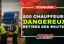 Près de 800 chauffeurs et véhicules mis hors service aux États-Unis Des agents inspectent des camions lourds en bordure d’une autoroute américaine, avec la mention « 800 chauffeurs dangereux retirés des routes ».
