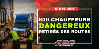 Près de 800 chauffeurs et véhicules mis hors service aux États-Unis Des agents inspectent des camions lourds en bordure d’une autoroute américaine, avec la mention « 800 chauffeurs dangereux retirés des routes ».