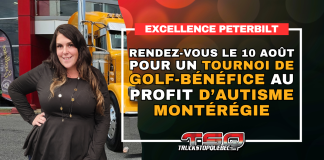 Excellence Peterbilt annonce un tournoi de golf-bénéfice au profit d’Autisme Montérégie Marie-Claude Fortin devant un camion Peterbilt, alors qu’Excellence Peterbilt annonce un tournoi de golf-bénéfice le 10 août au profit d’Autisme Montérégie.