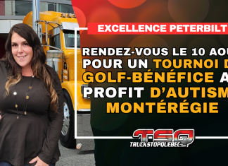 Excellence Peterbilt annonce un tournoi de golf-bénéfice au profit d’Autisme Montérégie Marie-Claude Fortin devant un camion Peterbilt, alors qu’Excellence Peterbilt annonce un tournoi de golf-bénéfice le 10 août au profit d’Autisme Montérégie.