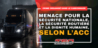 Crime organisé, travail forcé et transporteurs caméléons : l’ACC demande une intervention fédérale Camion lourd à un poste de contrôle frontalier sous une ambiance sombre, avec le message de l’ACC affirmant que le crime organisé dans le camionnage menace la sécurité nationale, la sécurité routière et la dignité humaine.