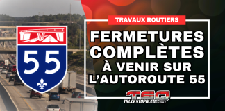 Autoroute 55 au Centre-du-Québec : Fermetures complètes à venir Le ministère des Transports et de la Mobilité durable informe la population que l’autoroute 55 sera complètement fermée, dans les deux directions.