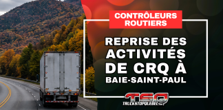 Les contrôleurs routiers reprennent leurs activités à Baie-Saint-Paul Camion lourd circulant sur la route 138 dans Charlevoix, avec un visuel annonçant la reprise des activités des contrôleurs routiers à Baie-Saint-Paul.